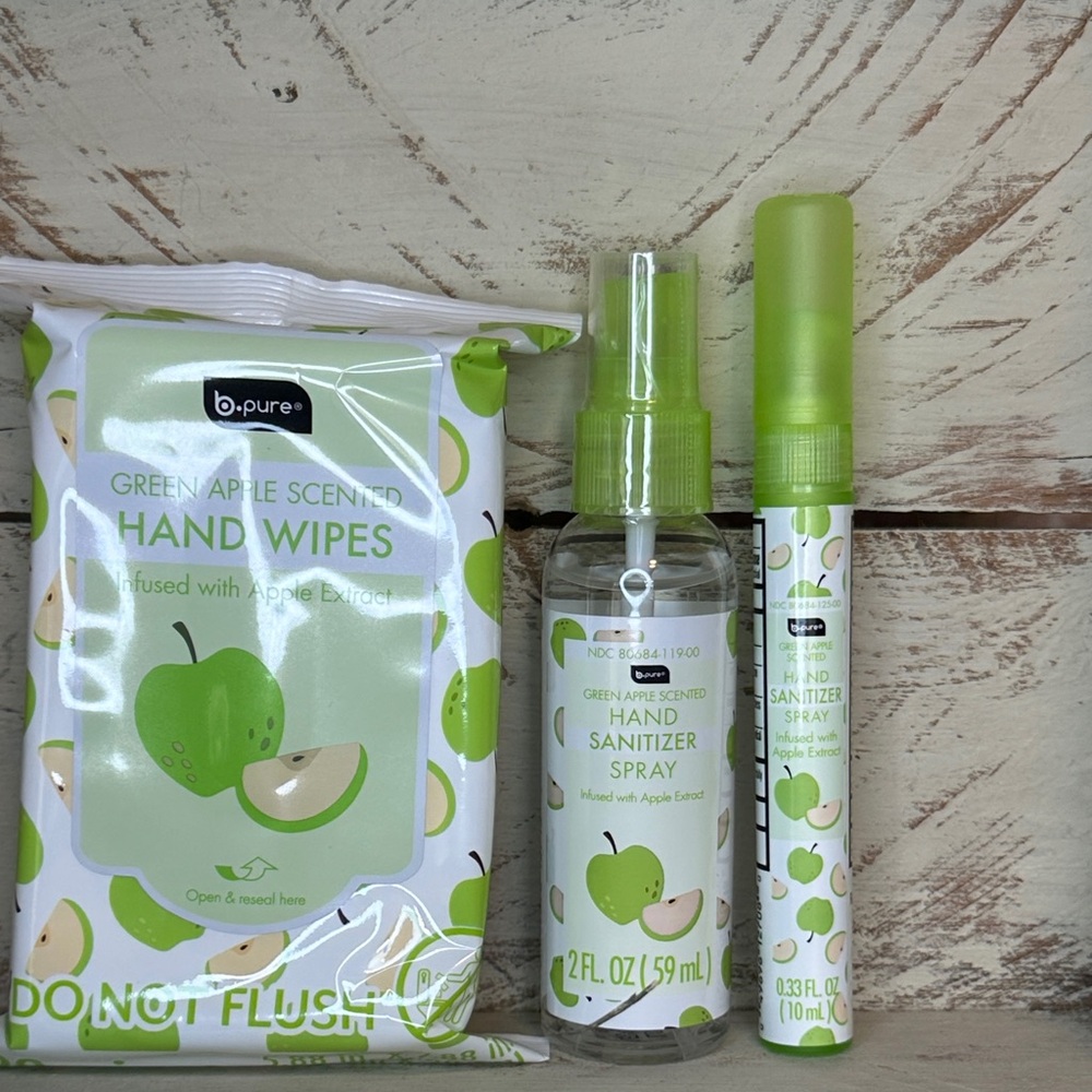B.Pure Green Apple Hand Sanitizer Bundle - Wipes, Spray & Pen Trio - New!